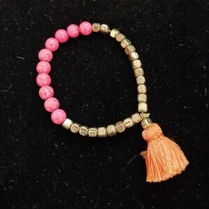 Multicolor Speckled Pink & Box Gold Stretch Bracelet With Orange Tassel 7 1/4"